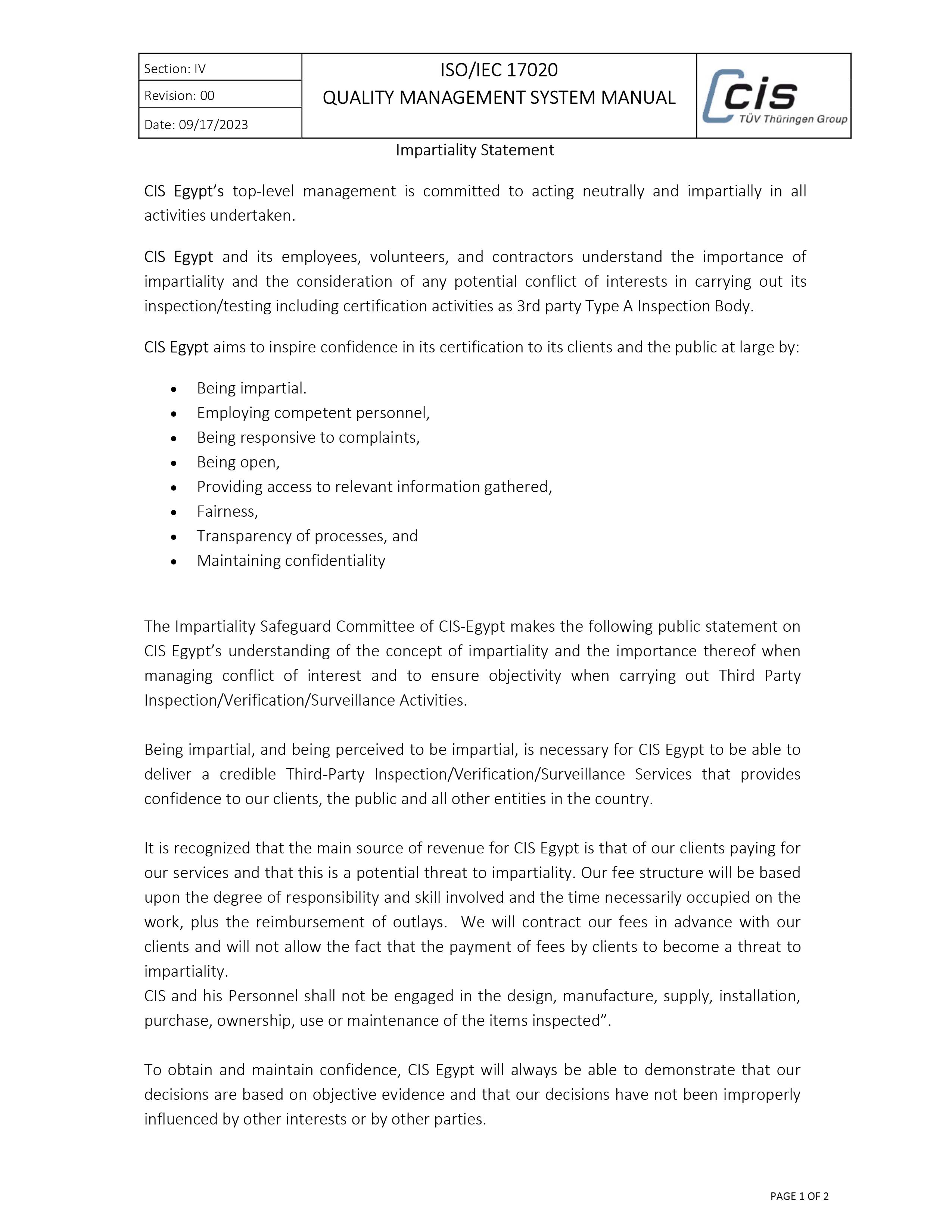 Impartiality Statment P ( 1 of 2 ) 