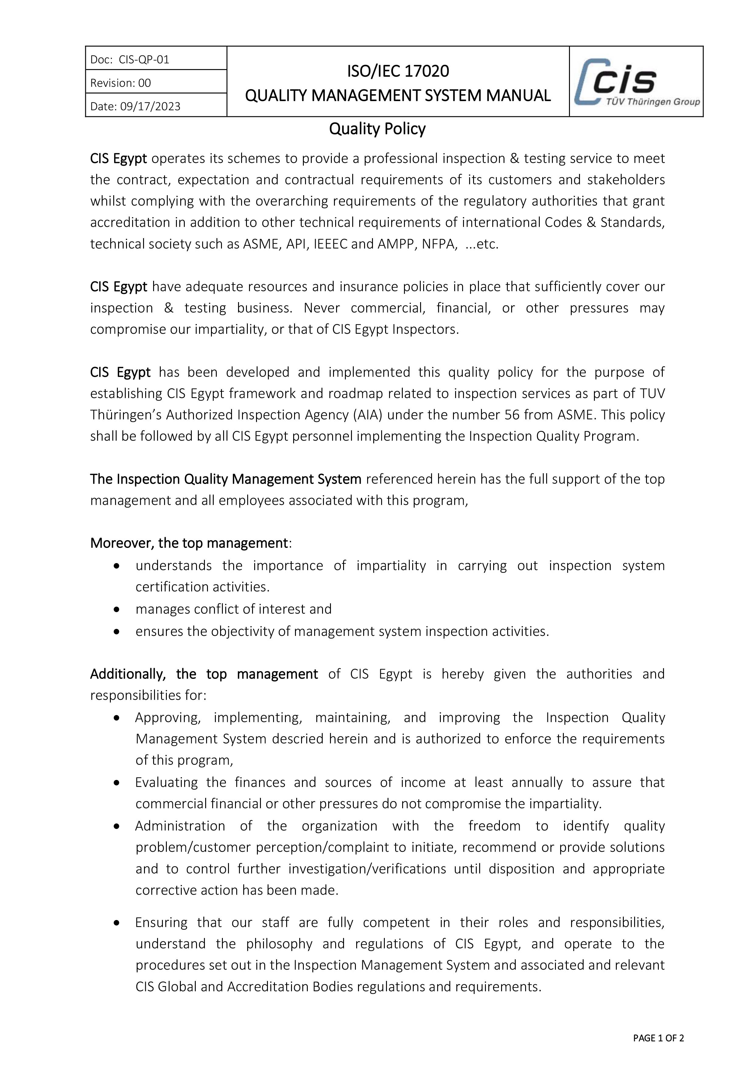 Quality Policy P ( 1 of 2 ) 